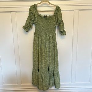Green floral printed maxi dress smocked top